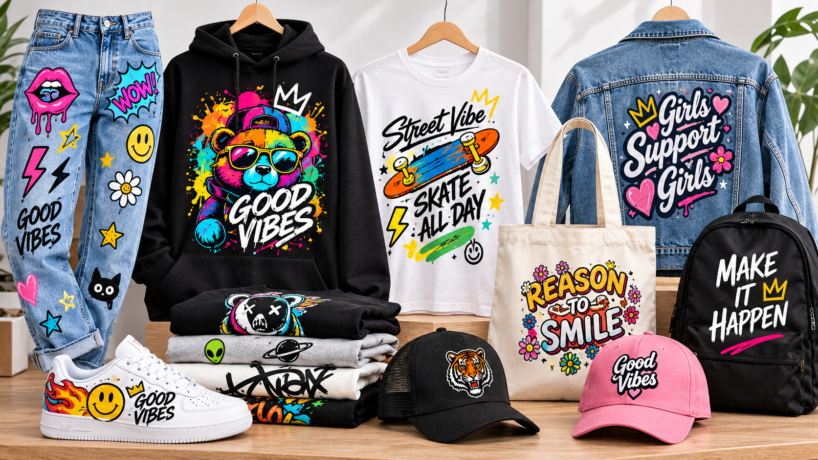 Ejemplos de DTF aplicado en remeras, buzos, jean, gorras, bolsos, mochilas y zapatillas